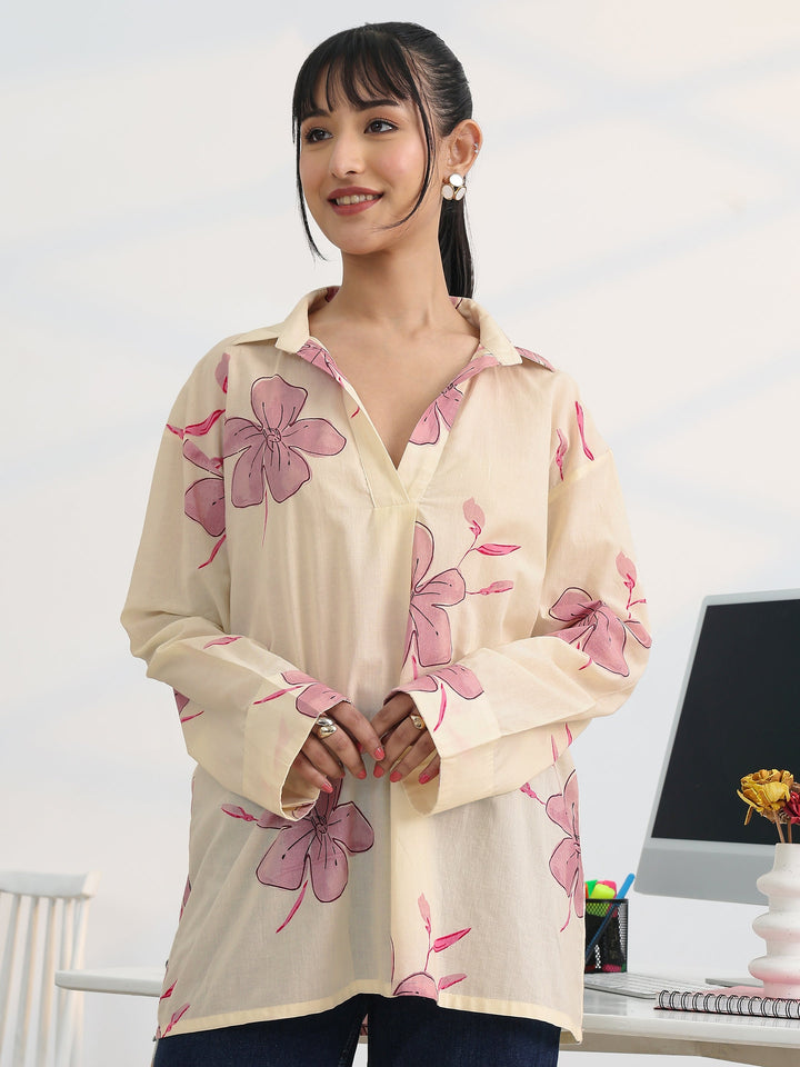 Off White Printed Cotton Straight Short Kurti