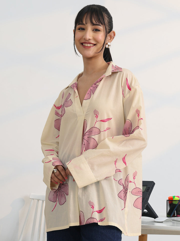 Off White Printed Cotton Straight Short Kurti