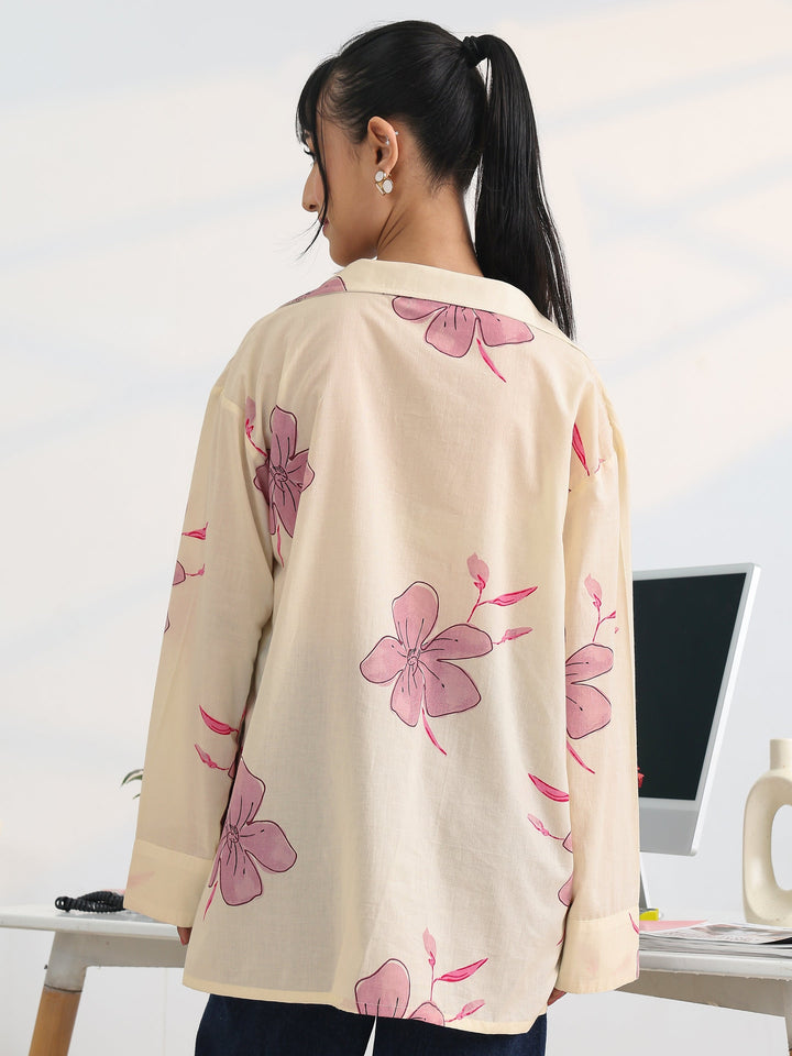 Off White Printed Cotton Straight Short Kurti