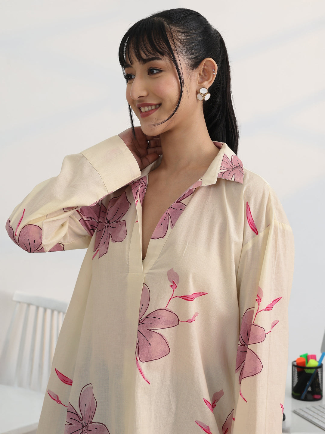 Off White Printed Cotton Straight Short Kurti