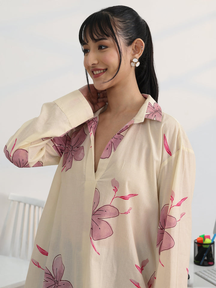Off White Printed Cotton Straight Short Kurti