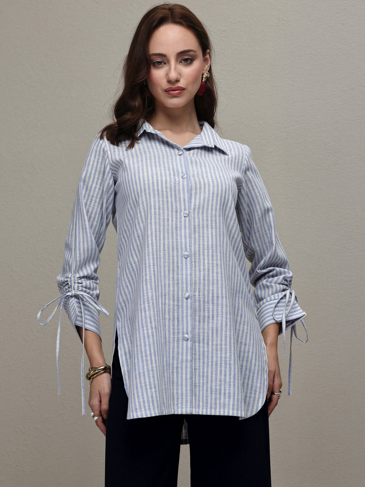 Libas Blue Striped Printed Cotton Blend Shirt