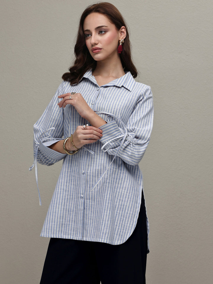 Libas Blue Striped Printed Cotton Blend Shirt