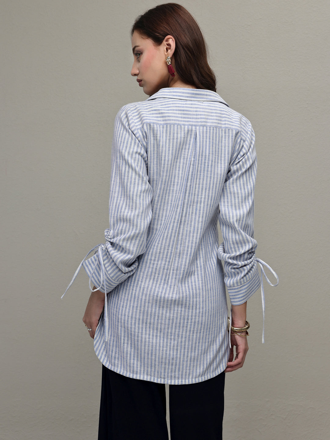 Libas Blue Striped Printed Cotton Blend Shirt