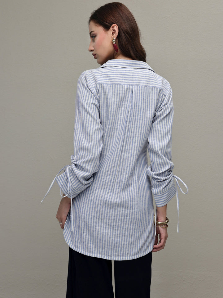 Libas Blue Striped Printed Cotton Blend Shirt