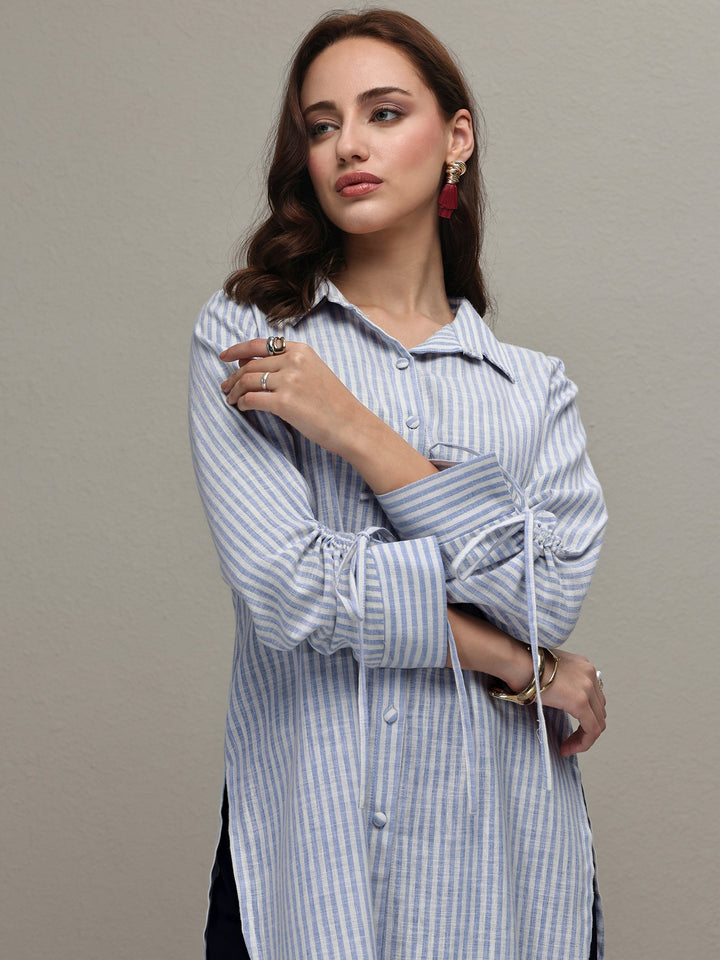 Libas Blue Striped Printed Cotton Blend Shirt