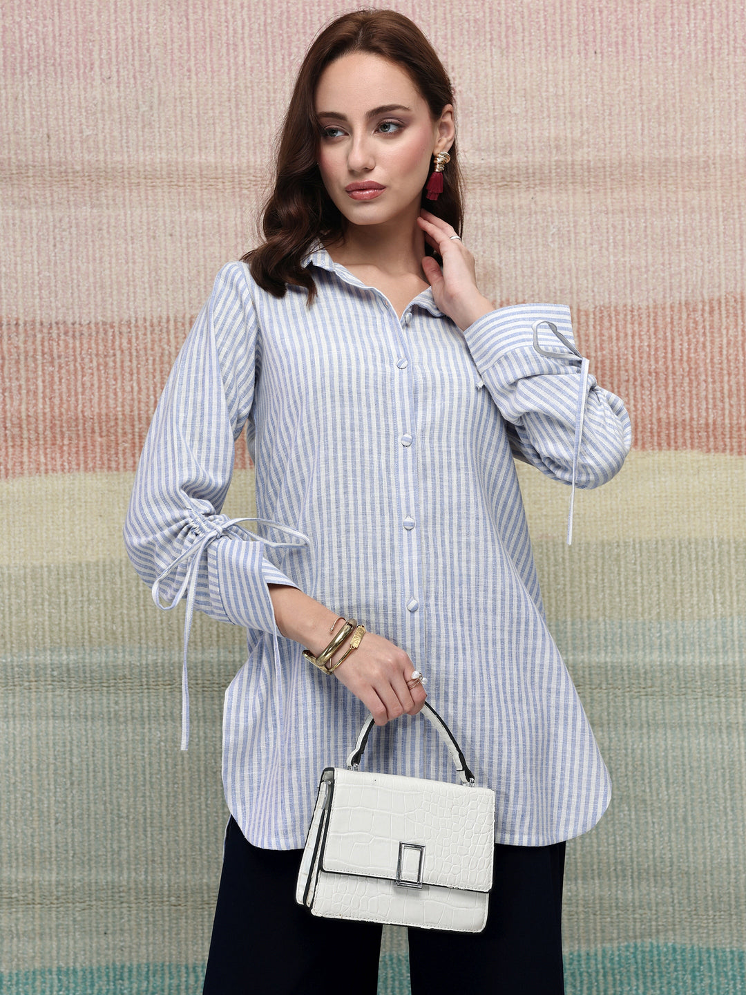 Libas Blue Striped Printed Cotton Blend Shirt