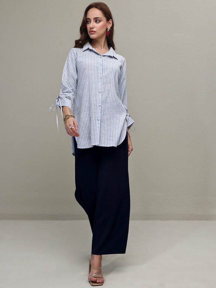 Libas Blue Striped Printed Cotton Blend Shirt
