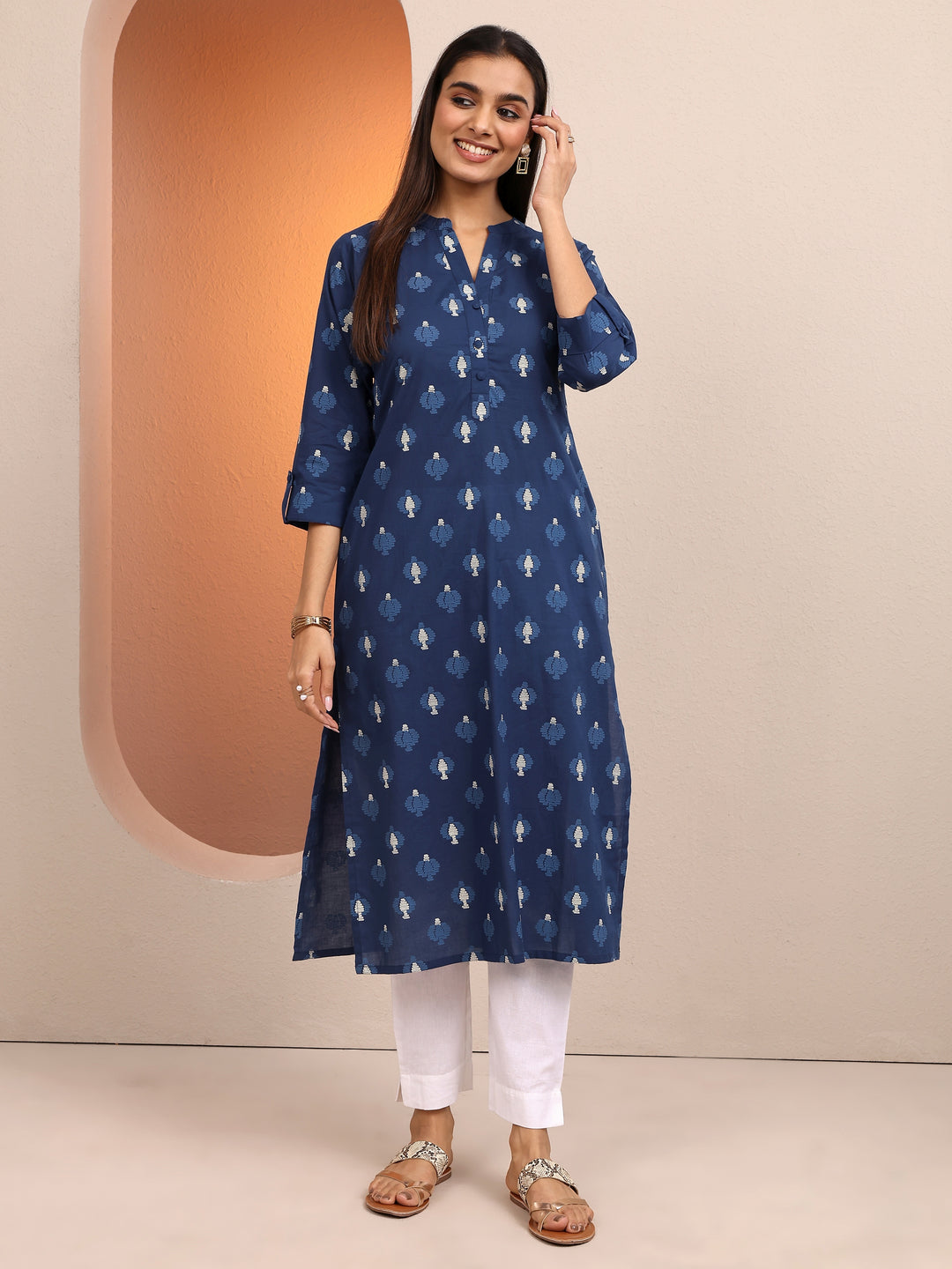Blue Printed Cotton Straight Kurta