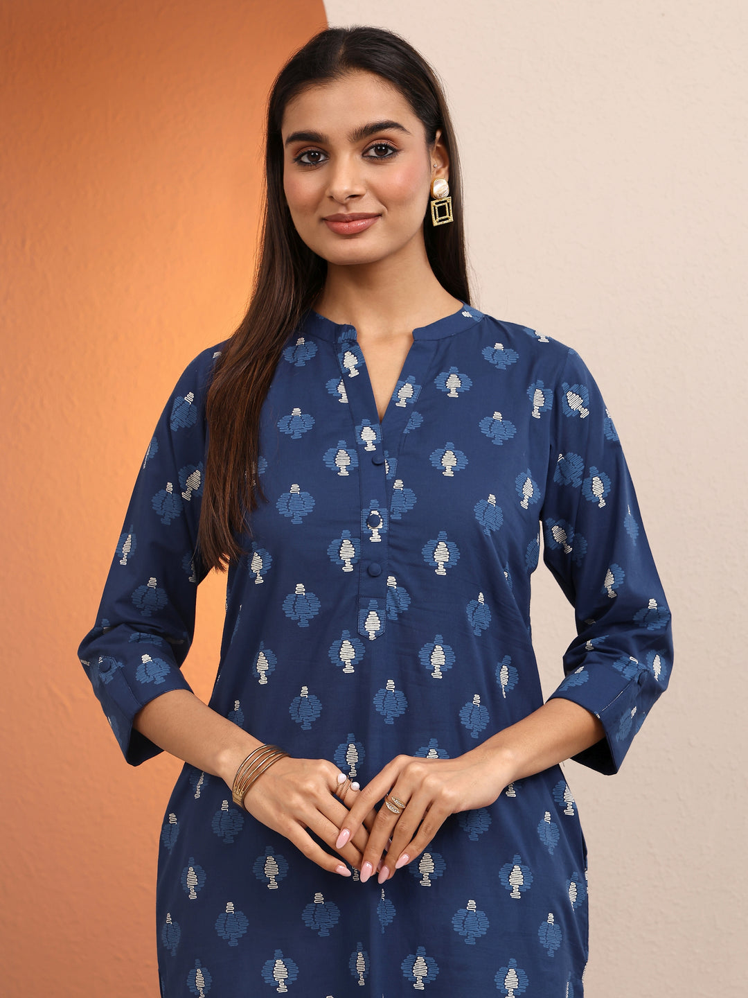 Blue Printed Cotton Straight Kurta