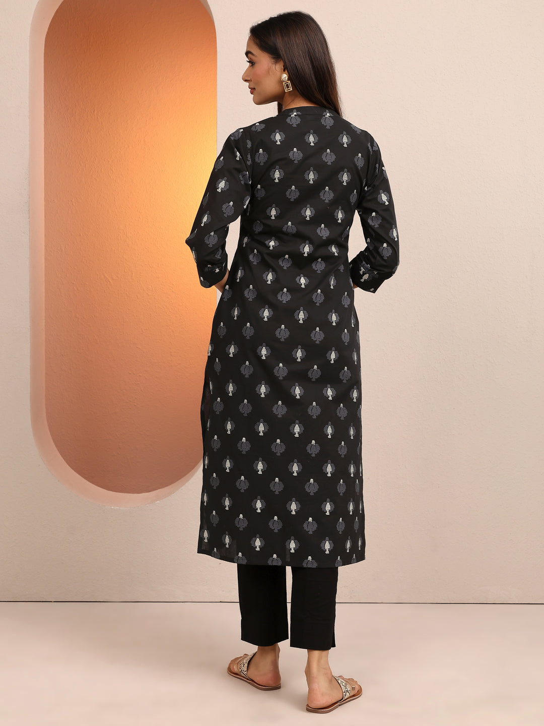 Black Printed Cotton Straight Kurta