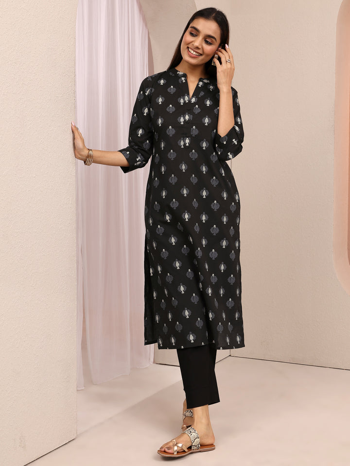 Black Printed Cotton Straight Kurta