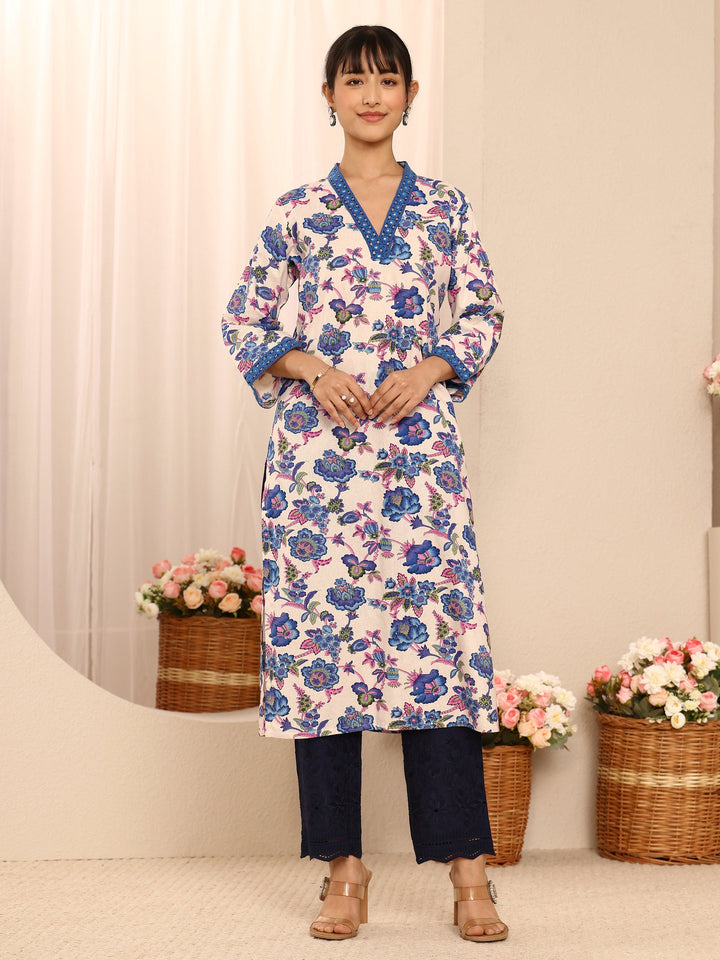 Blue Floral Printed Cotton Straight Kurta