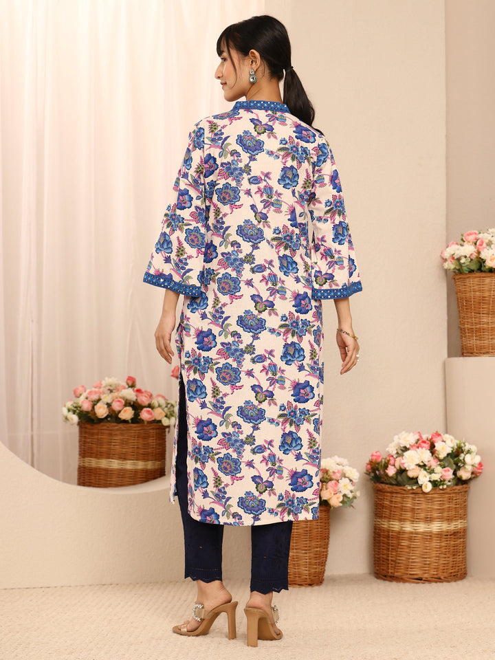Blue Floral Printed Cotton Straight Kurta