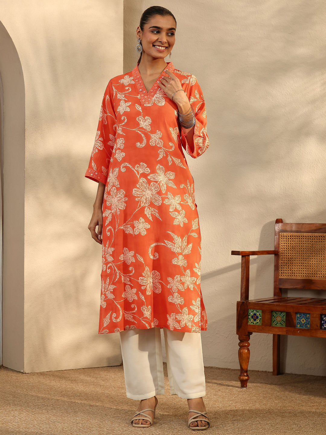 Orange Printed Silk Blend Straight Kurta