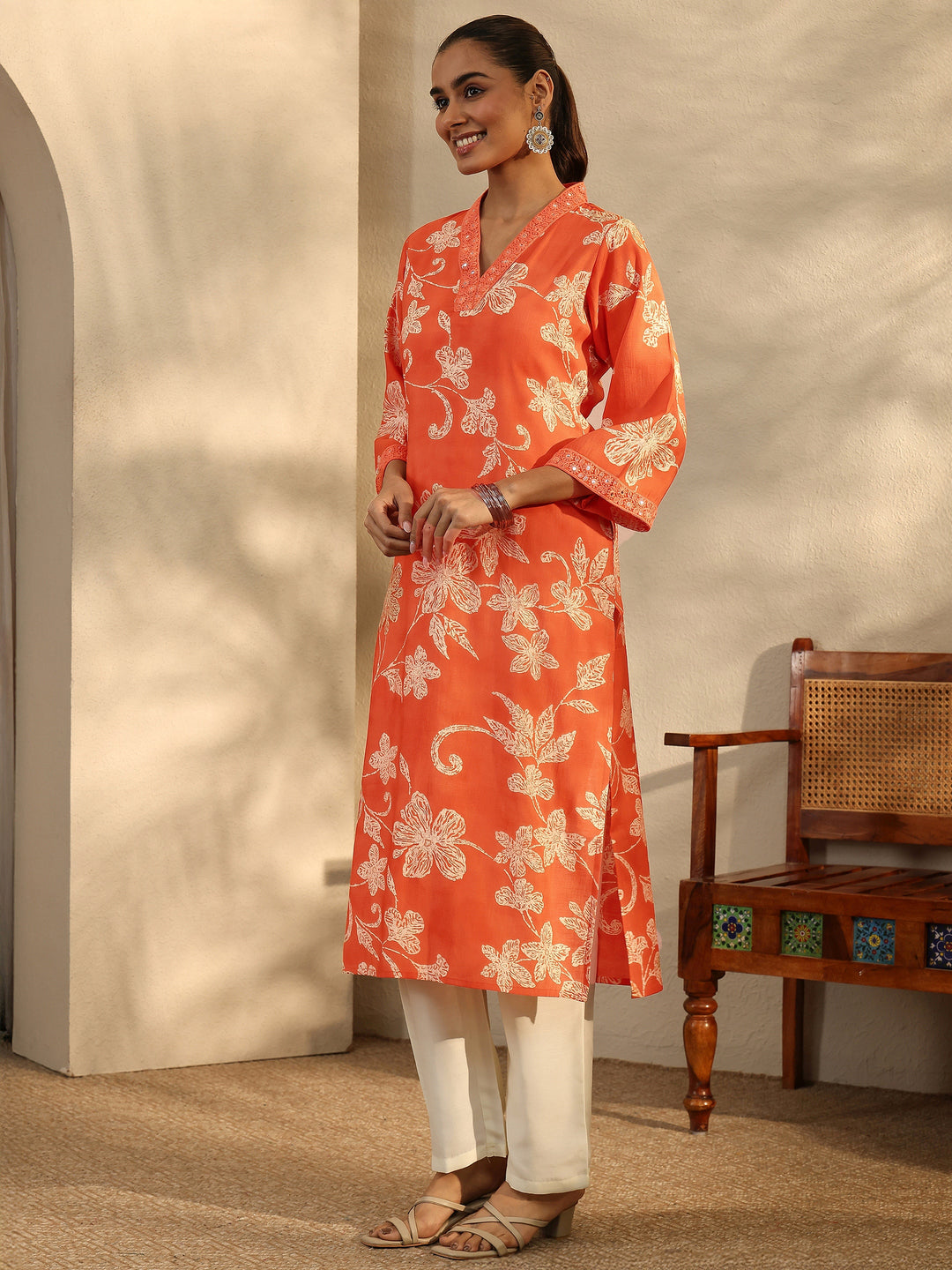 Orange Printed Silk Blend Straight Kurta