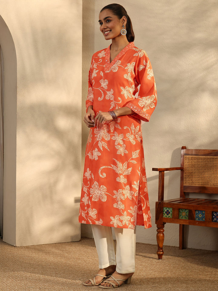 Orange Printed Silk Blend Straight Kurta