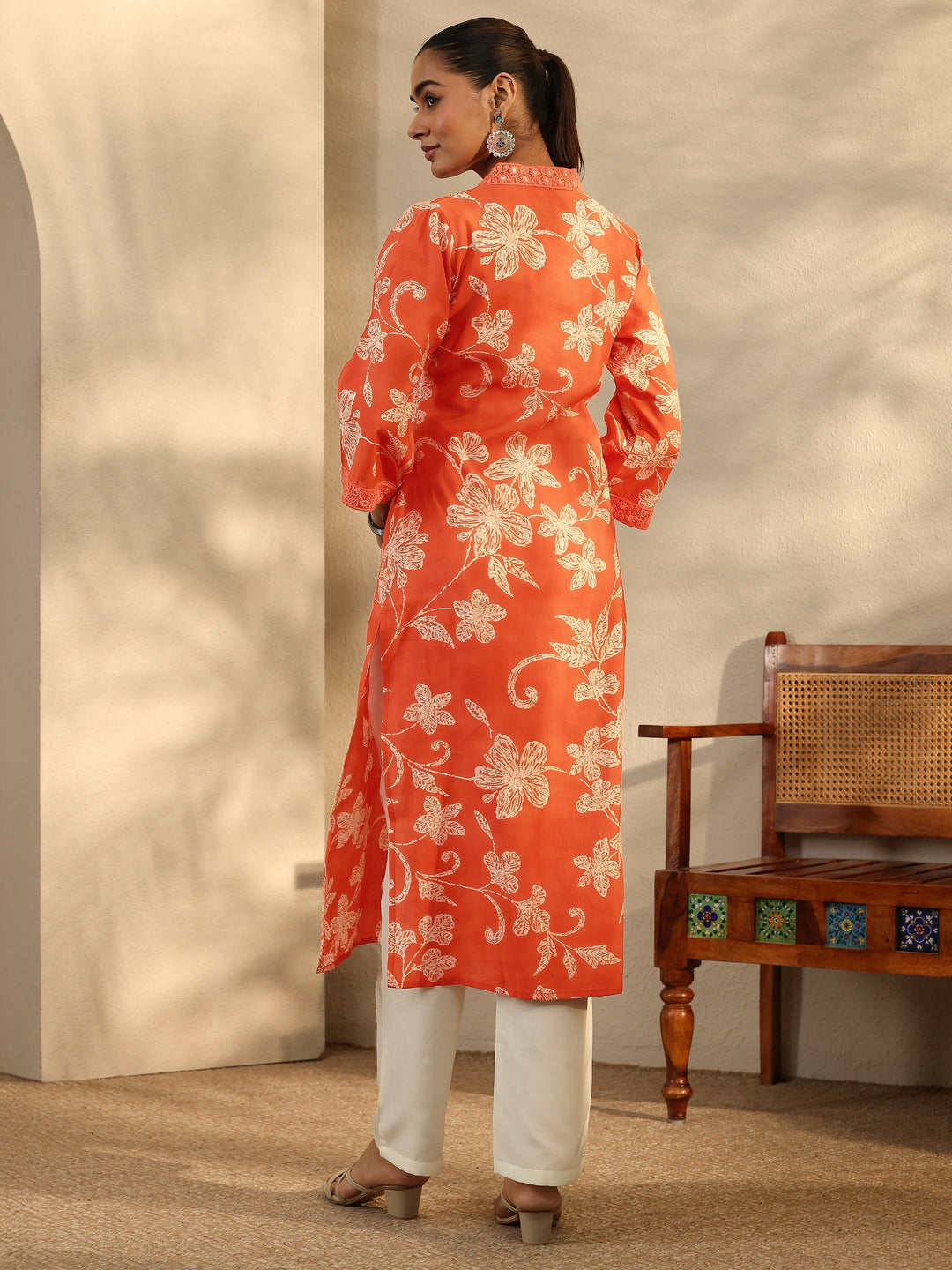Orange Printed Silk Blend Straight Kurta