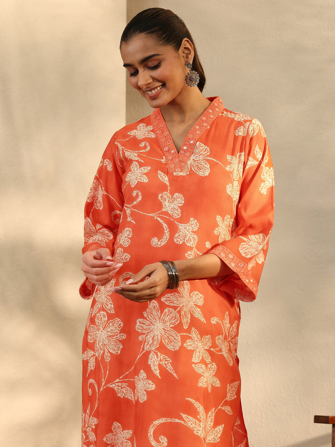 Orange Printed Silk Blend Straight Kurta