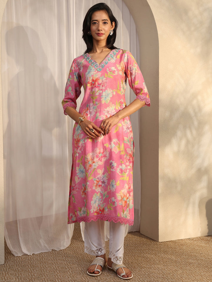 Pink Printed Silk Blend Straight Kurta