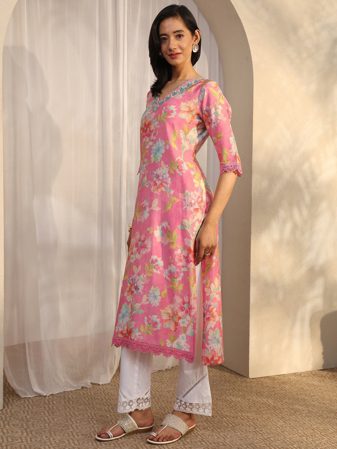 Pink Printed Silk Blend Straight Kurta