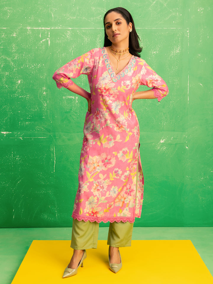 Pink Printed Silk Blend Straight Kurta