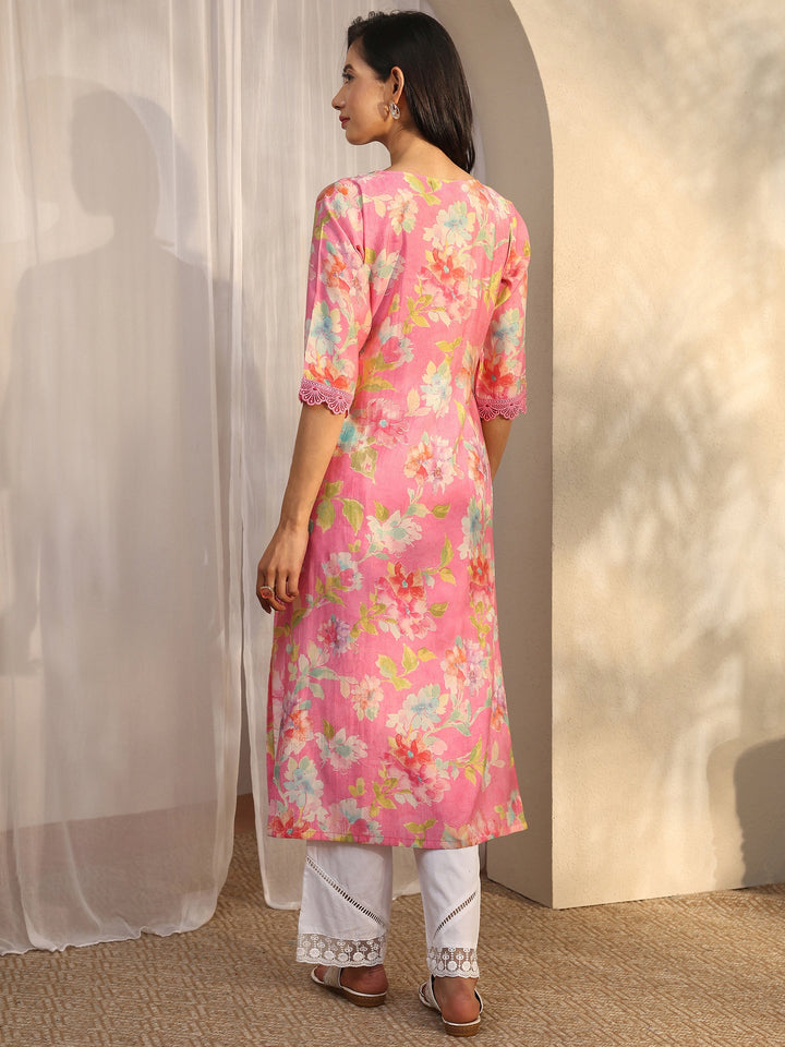 Pink Printed Silk Blend Straight Kurta