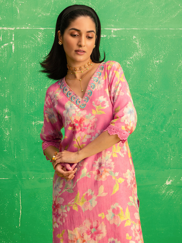 Pink Printed Silk Blend Straight Kurta