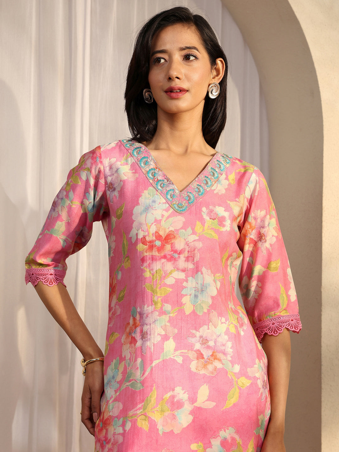 Pink Printed Silk Blend Straight Kurta