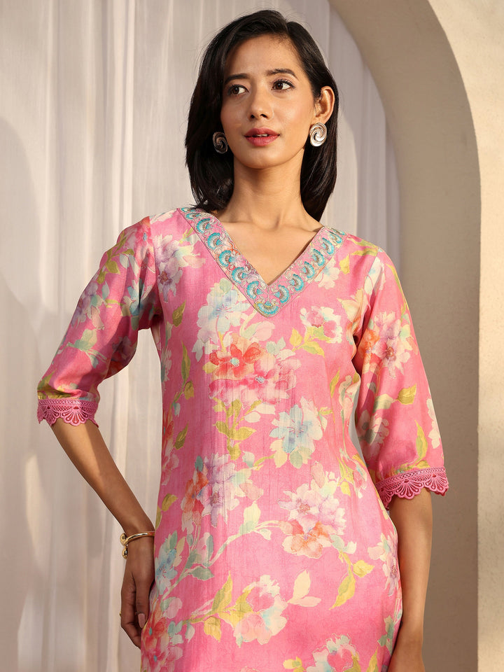 Pink Printed Silk Blend Straight Kurta