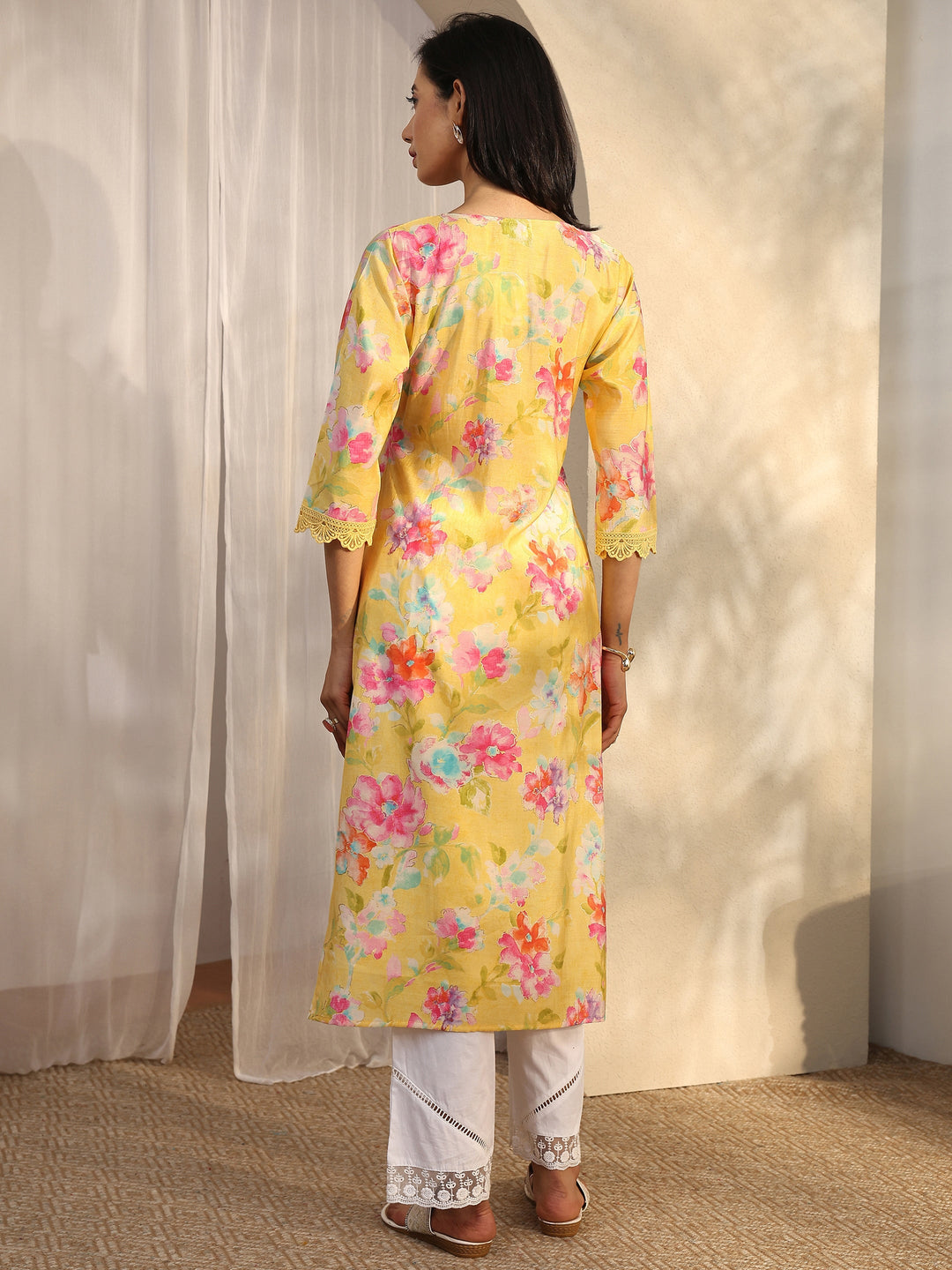 Yellow Printed Silk Blend Straight Kurta