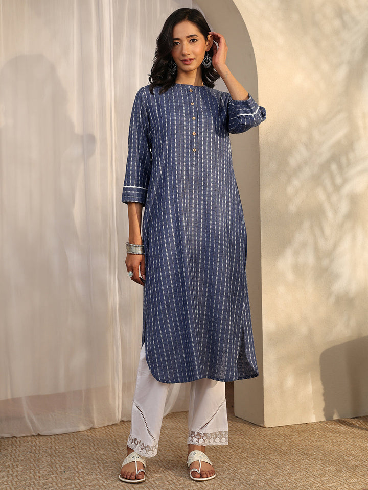 Blue Block Printed Cotton Blend Straight Kurta