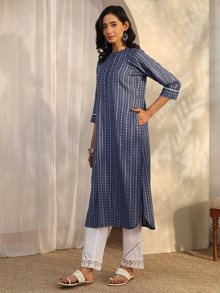 Blue Block Printed Cotton Blend Straight Kurta