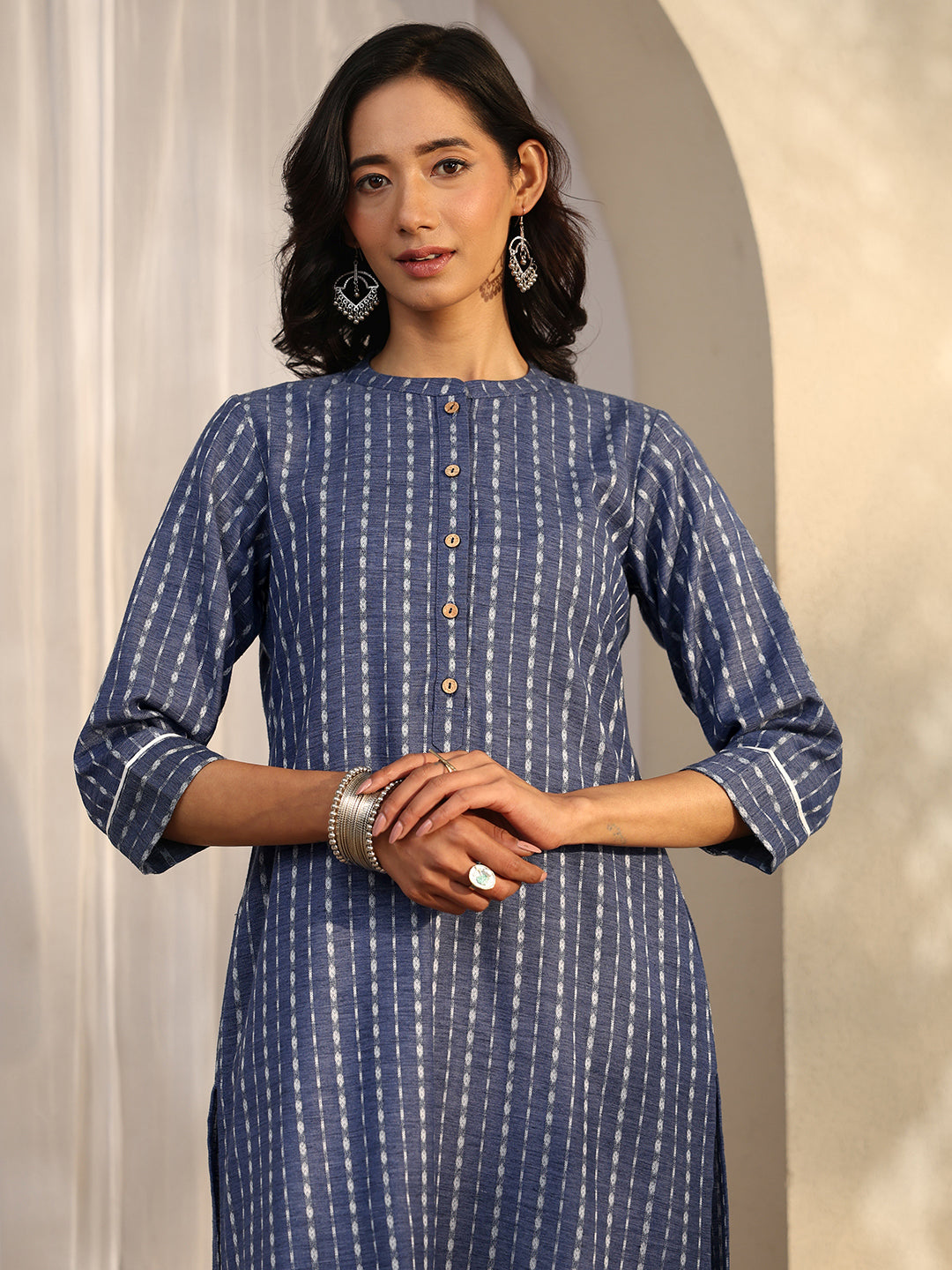 Blue Block Printed Cotton Blend Straight Kurta