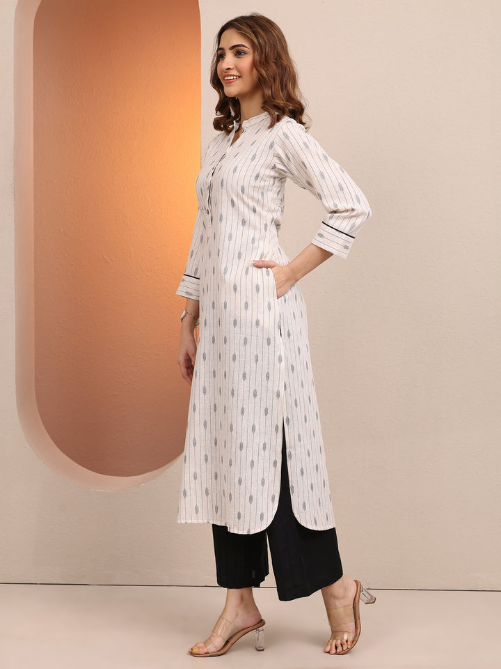 Off White Printed Cotton Blend Straight Kurta