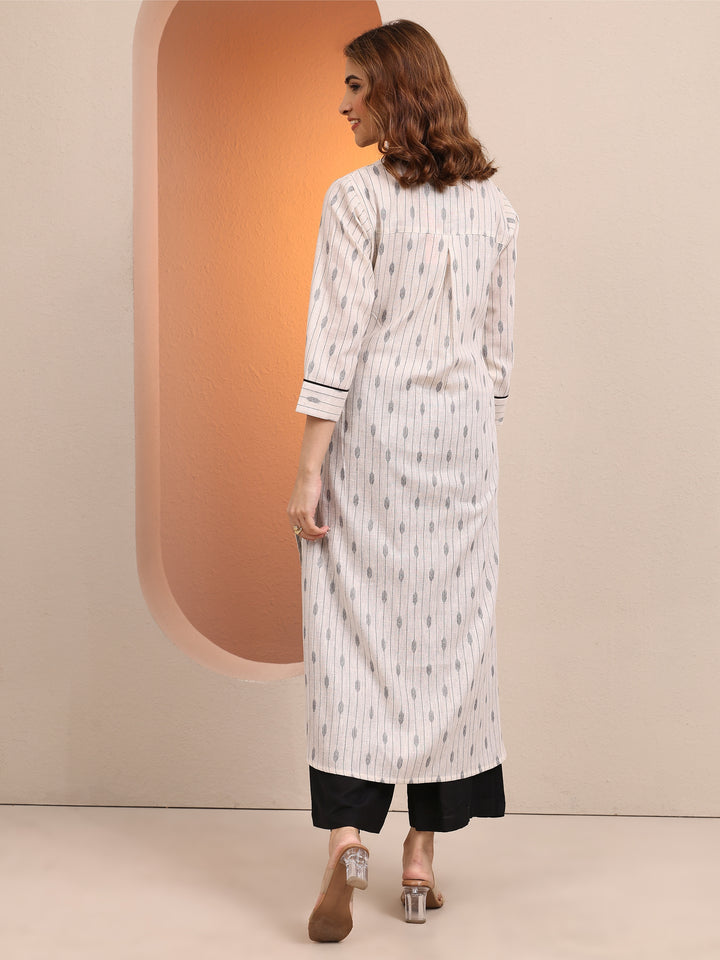 Off White Printed Cotton Blend Straight Kurta