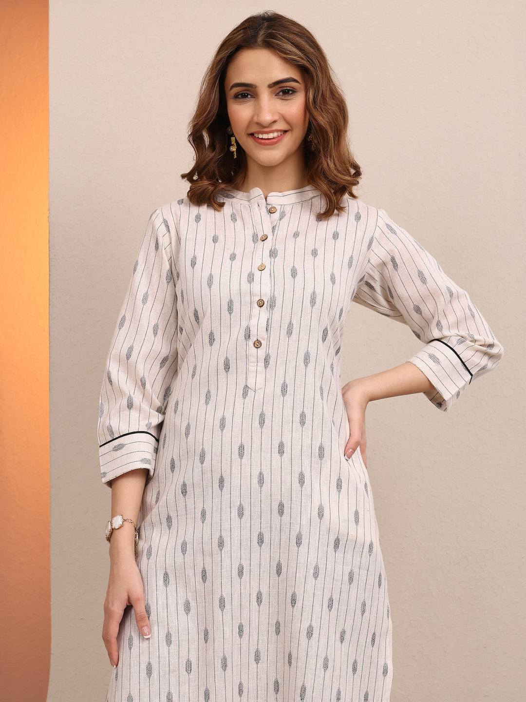 Off White Printed Cotton Blend Straight Kurta