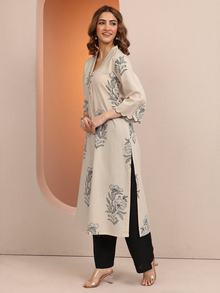Off White Printed Cotton Straight Kurta