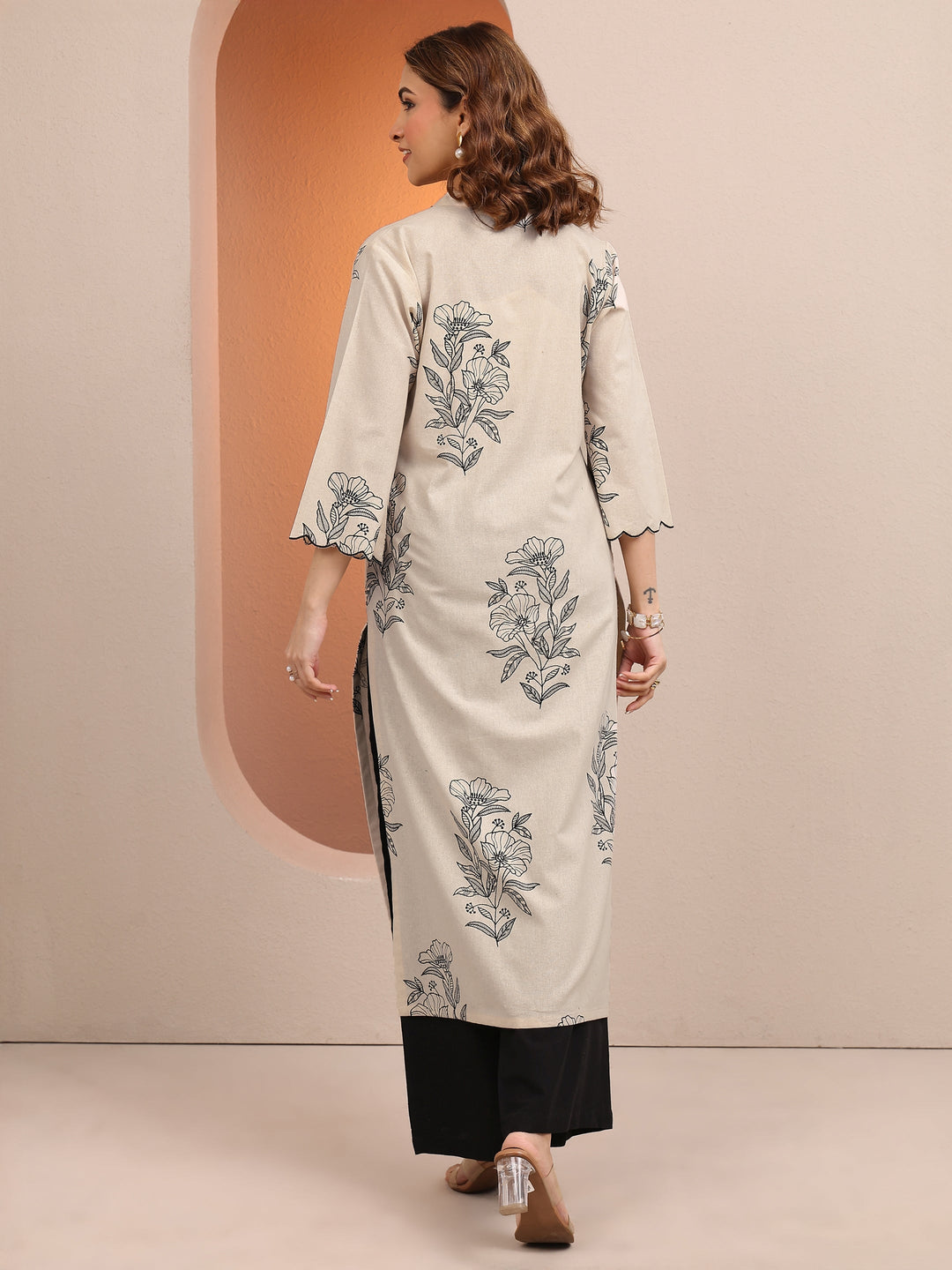 Off White Printed Cotton Straight Kurta