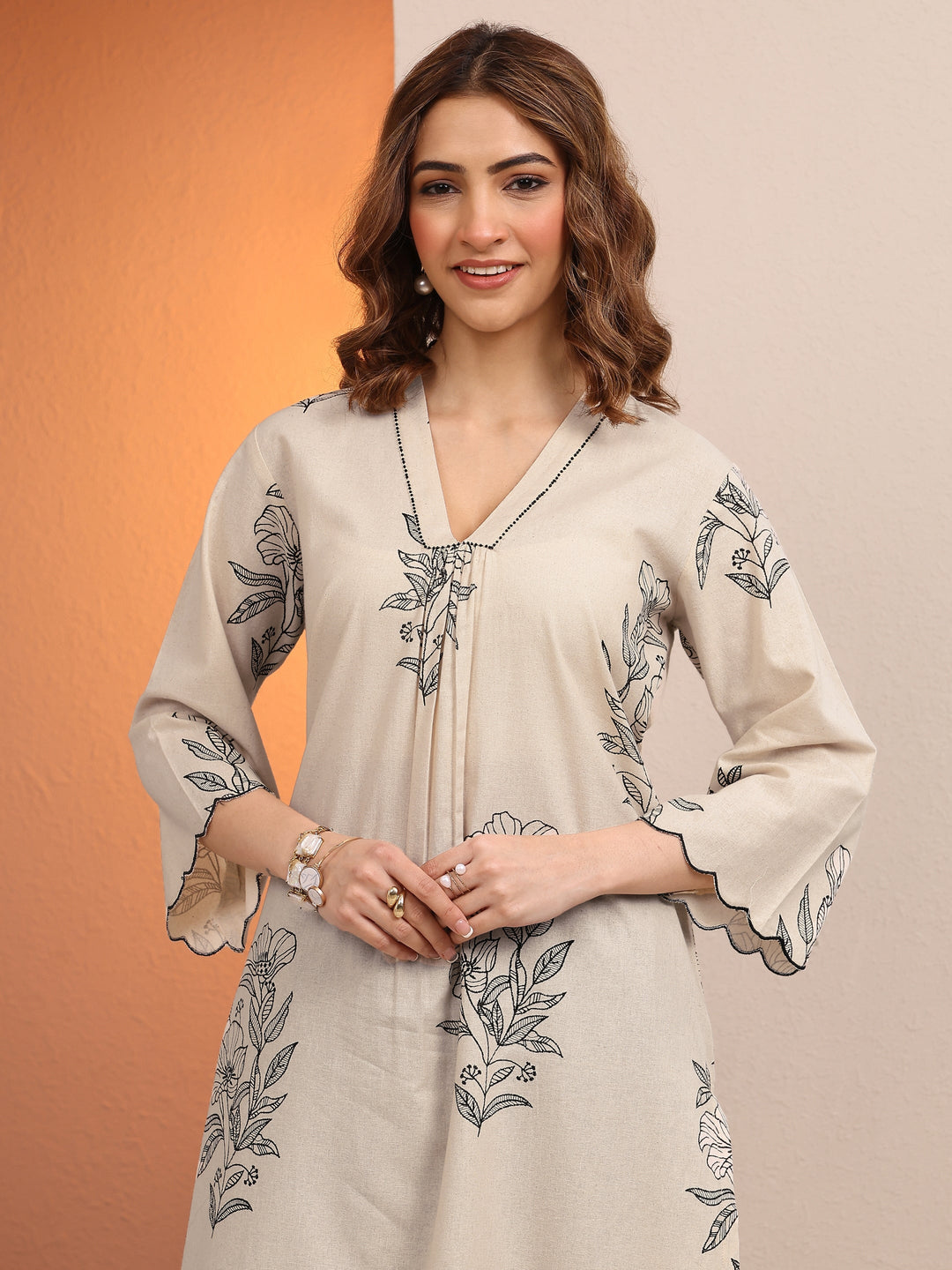 Off White Printed Cotton Straight Kurta