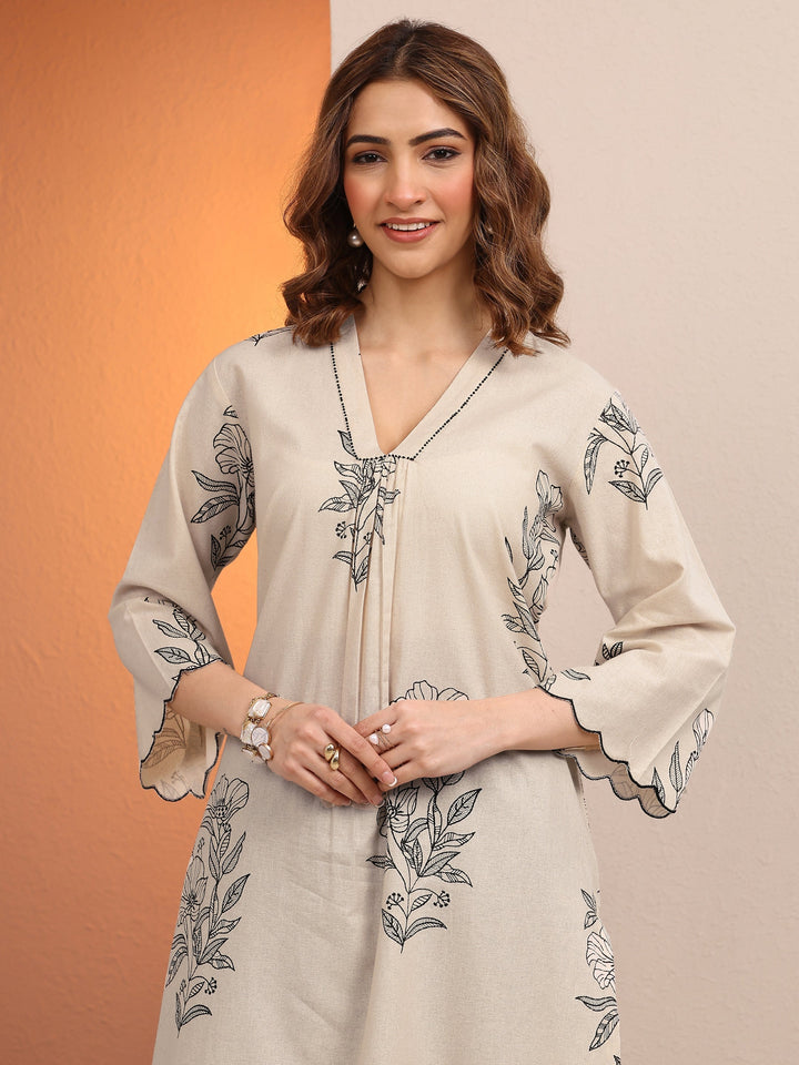 Off White Printed Cotton Straight Kurta