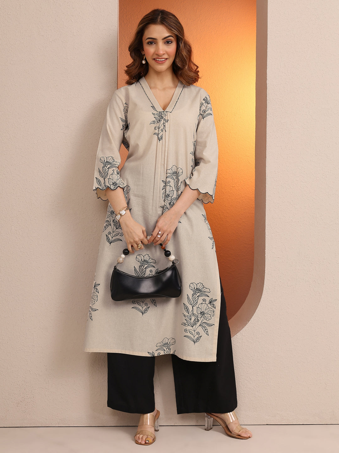Off White Printed Cotton Straight Kurta