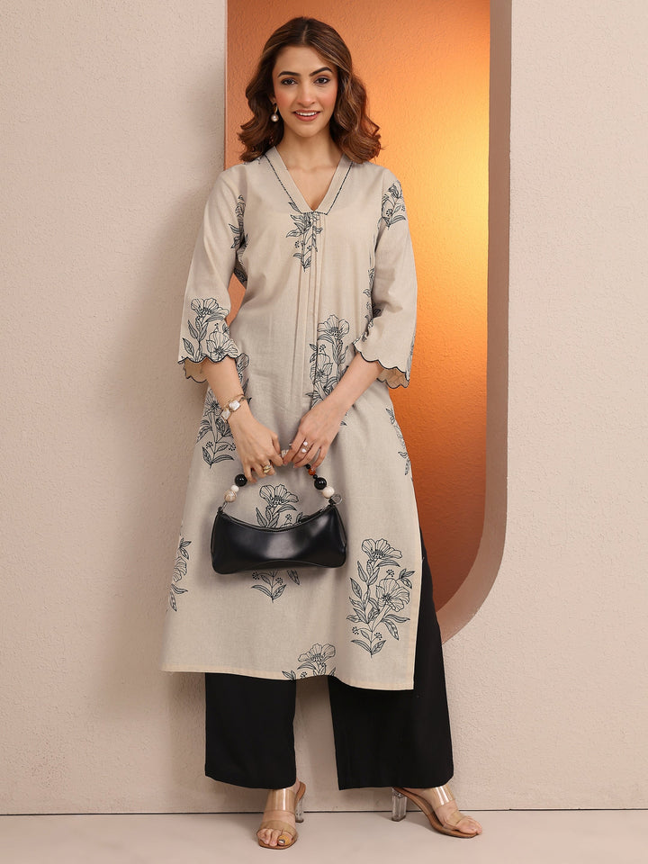 Off White Printed Cotton Straight Kurta