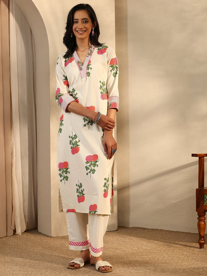 Off White Printed Cotton Straight Kurta