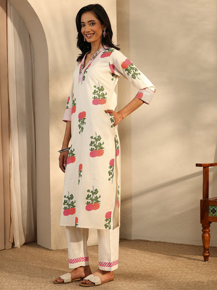 Off White Printed Cotton Straight Kurta