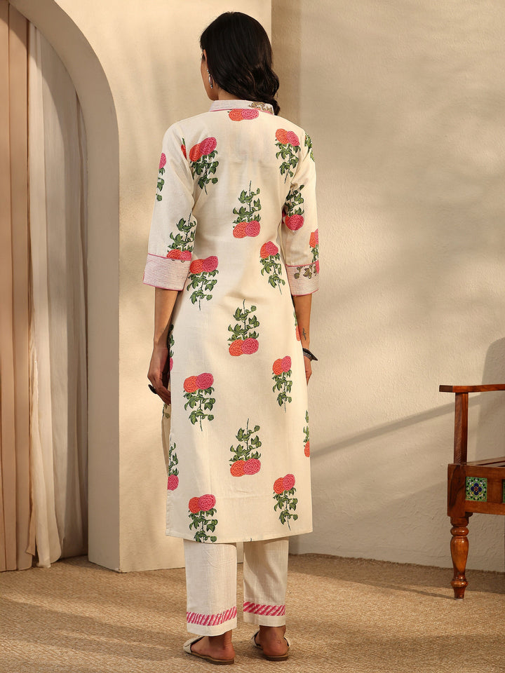 Off White Printed Cotton Straight Kurta