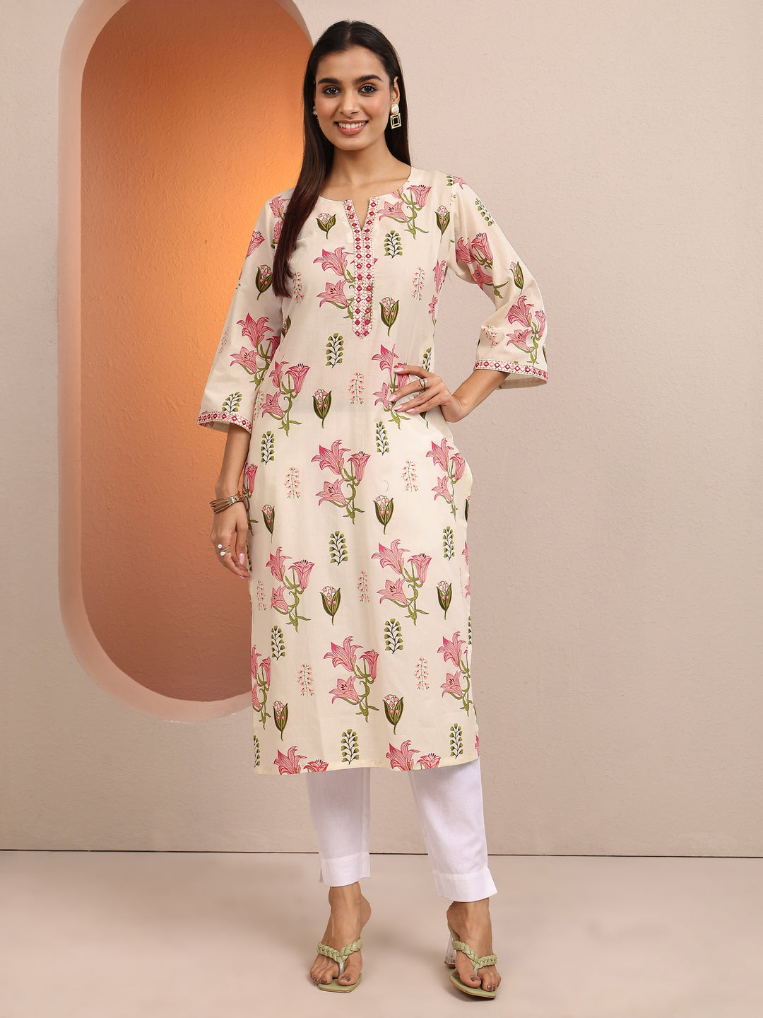 Off White Printed Cotton Straight Kurta
