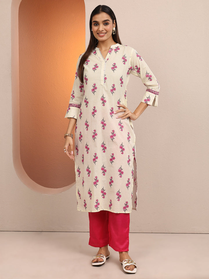 Off White Printed Cotton Straight Kurta