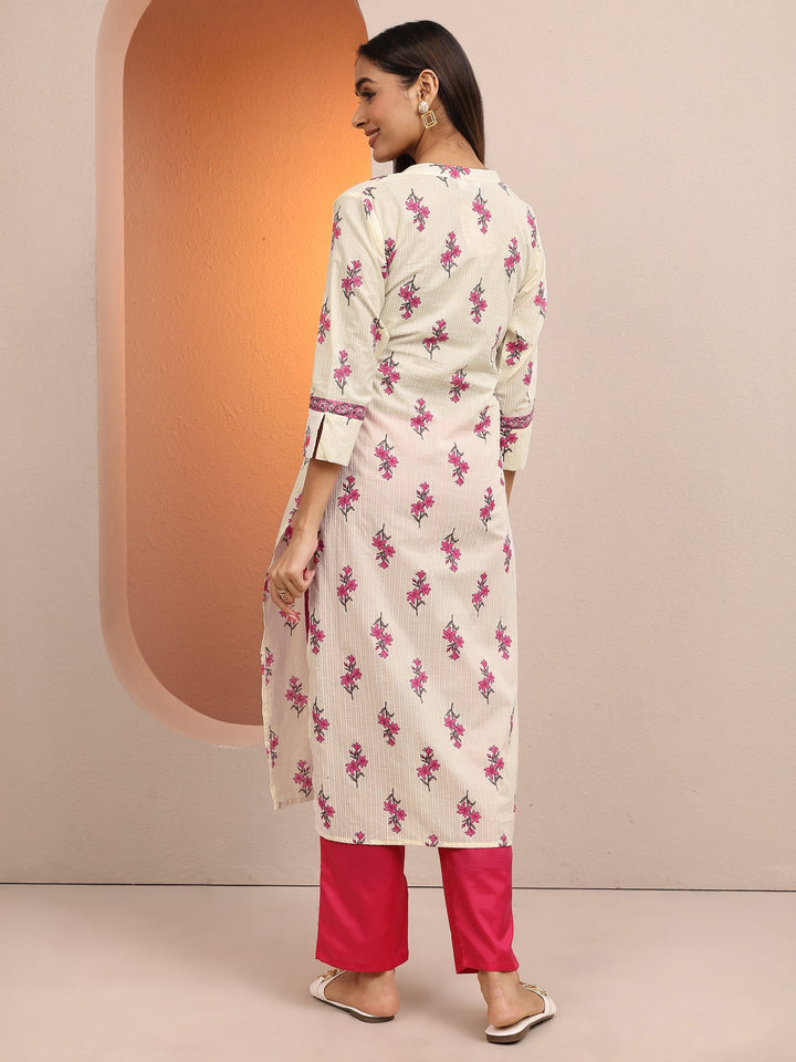 Off White Printed Cotton Straight Kurta
