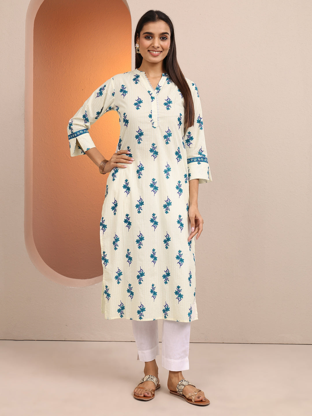 Off White Printed Cotton Straight Kurta